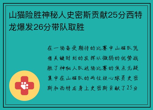 山猫险胜神秘人史密斯贡献25分西特龙爆发26分带队取胜