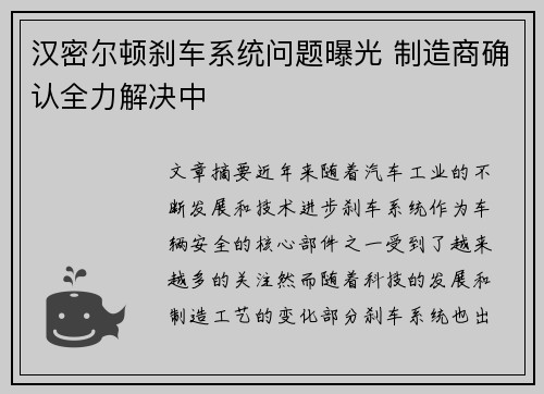 汉密尔顿刹车系统问题曝光 制造商确认全力解决中
