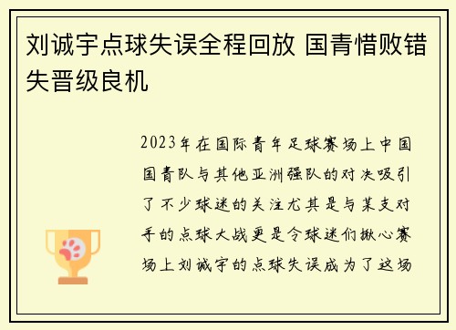 刘诚宇点球失误全程回放 国青惜败错失晋级良机